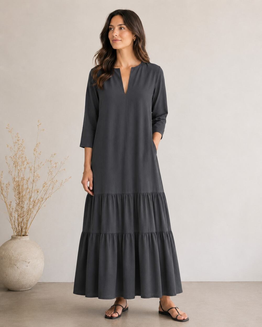 WVN. Dress Women's Large Black Organic Cotton Tiered Maxi 3/4 Sleeve Front Slit